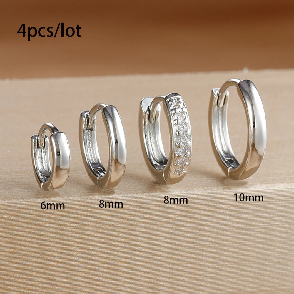 4Pcs Set Stainless Steel Huggie Minimal Hoop Earrings 6mm 8mm 10mm Crystal Zirconia Helix Tragus Cartilage Earrings