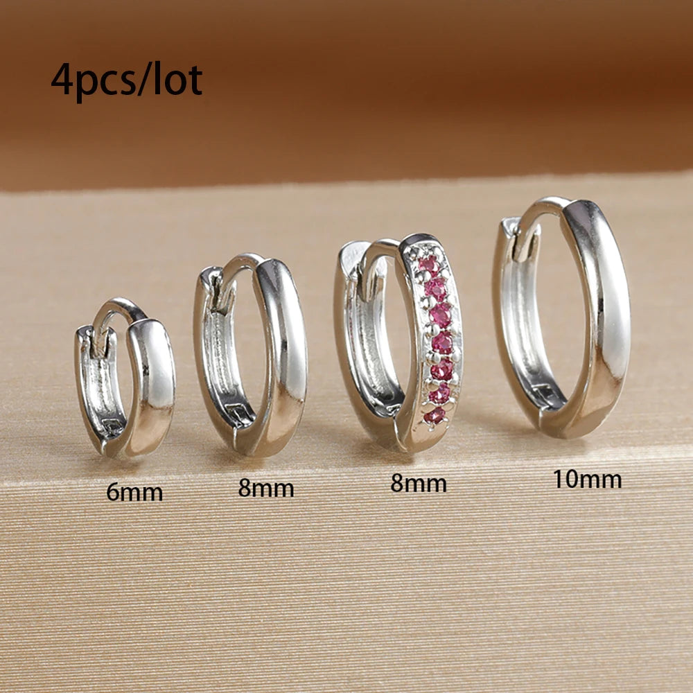 4Pcs Set Stainless Steel Huggie Minimal Hoop Earrings 6mm 8mm 10mm Crystal Zirconia Helix Tragus Cartilage Earrings