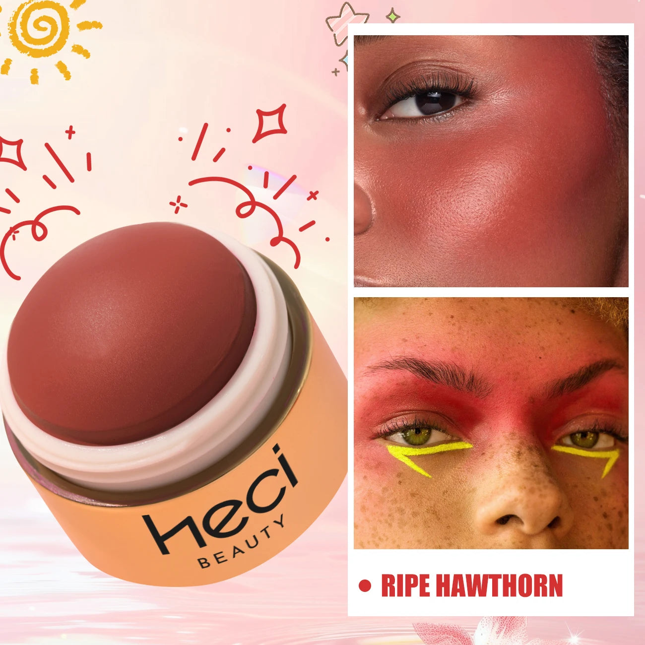HECI Beauty Cream Blush Ball High Pigment Formula Semi Matte Finish Blendable Color Eyes Lips Cheeks Highlight Stick