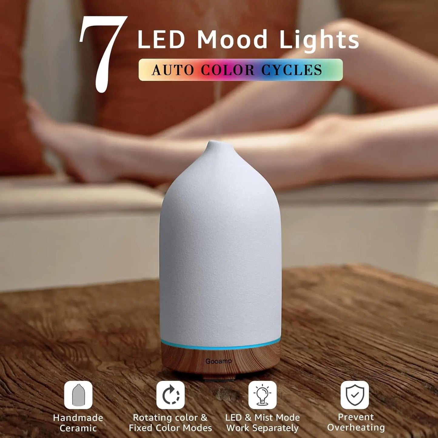 Ceramic 200ml Essential Oil Diffuser With 7 Color LED Auto Shut Off And Timer Wood Grain Base For Home Office