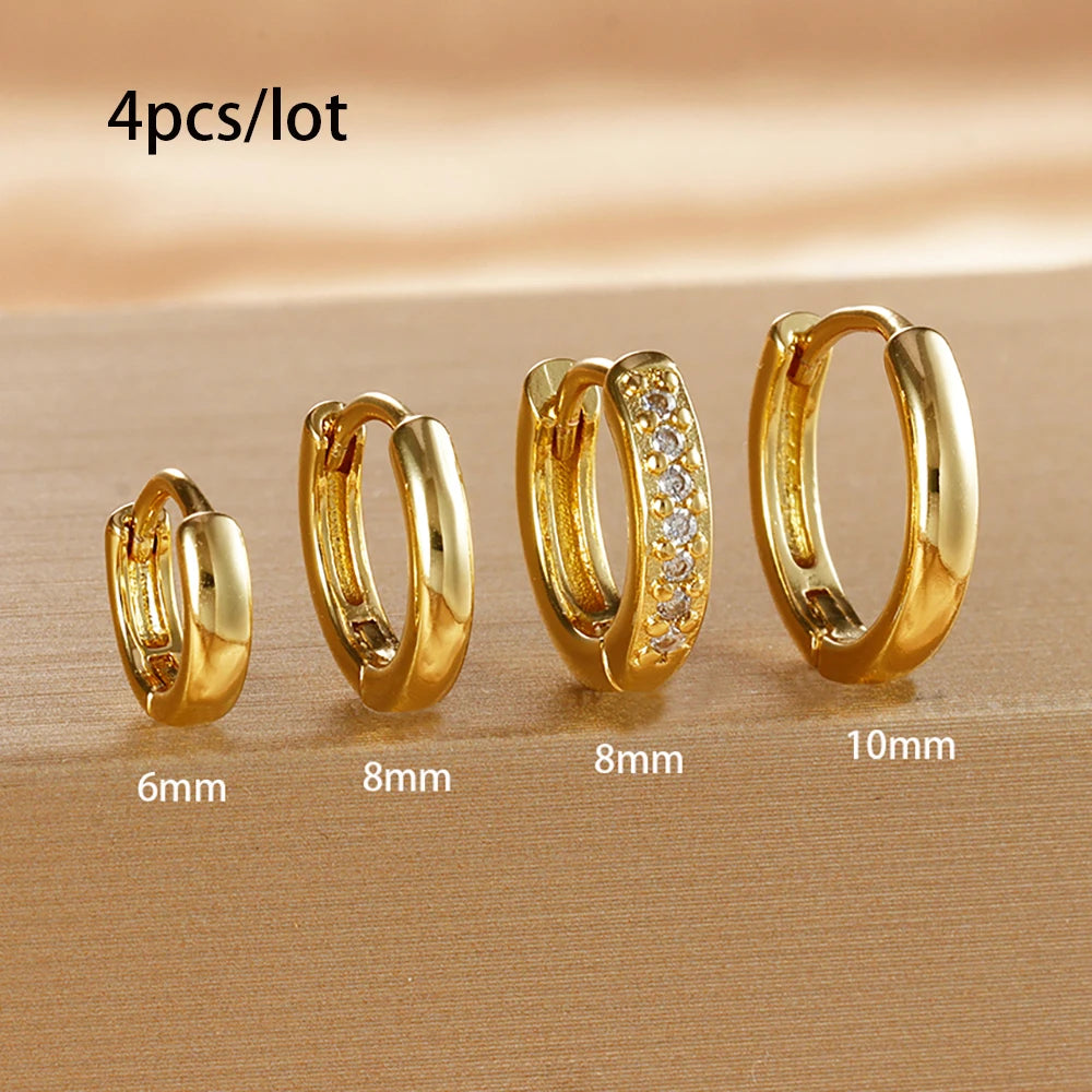 4Pcs Set Stainless Steel Huggie Minimal Hoop Earrings 6mm 8mm 10mm Crystal Zirconia Helix Tragus Cartilage Earrings