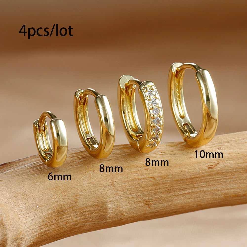 4Pcs Set Stainless Steel Huggie Minimal Hoop Earrings 6mm 8mm 10mm Crystal Zirconia Helix Tragus Cartilage Earrings