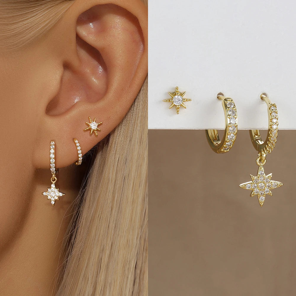 3 Piece Gold Color Star Earrings Set For Women Zircon Pendant Stainless Steel Hoop Earrings Jewelry Wedding