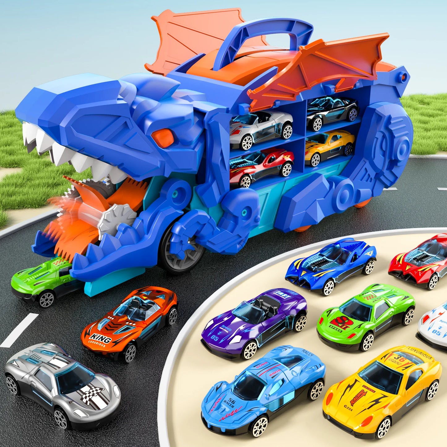 Dinosaur Truck Toys For Boys Blue Track Set With Devour Dinosaur Transporter And 10 Die Cast Cars That Transform Into Dinosaur