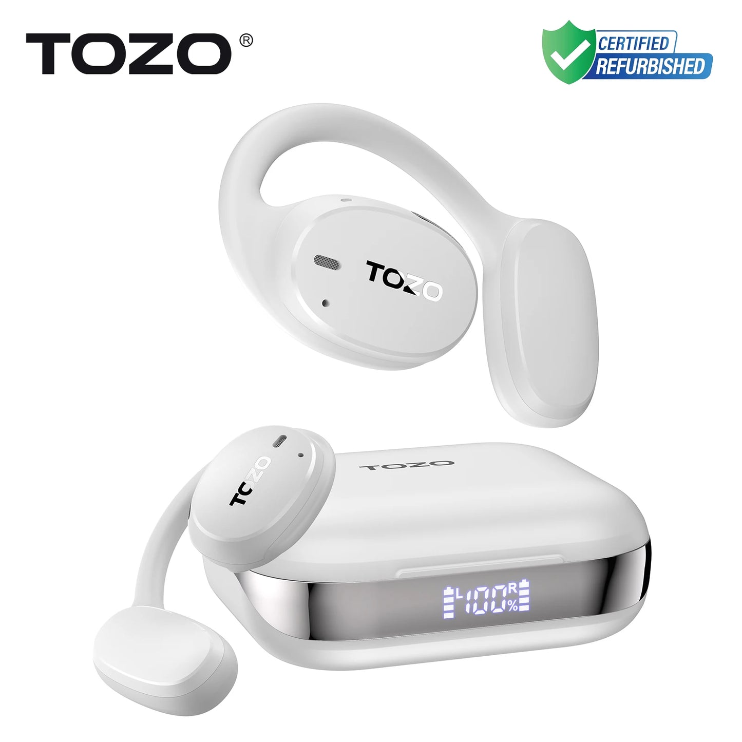 Refurbished TOZO OpenEgo Headsets Open Ear Headphone Bluetooth Dual Mic Clear Call Earphones with Earhooks IPX5 Water-resistant