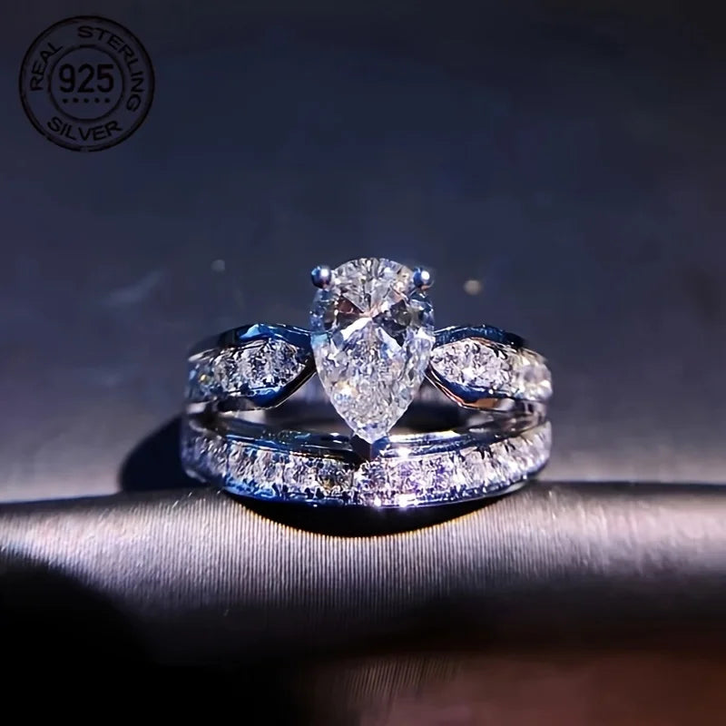 Elegant Double Layer 925 Sterling Silver Ring With Zirconia Water Drop Design White Gold Plated Wedding Band For Women