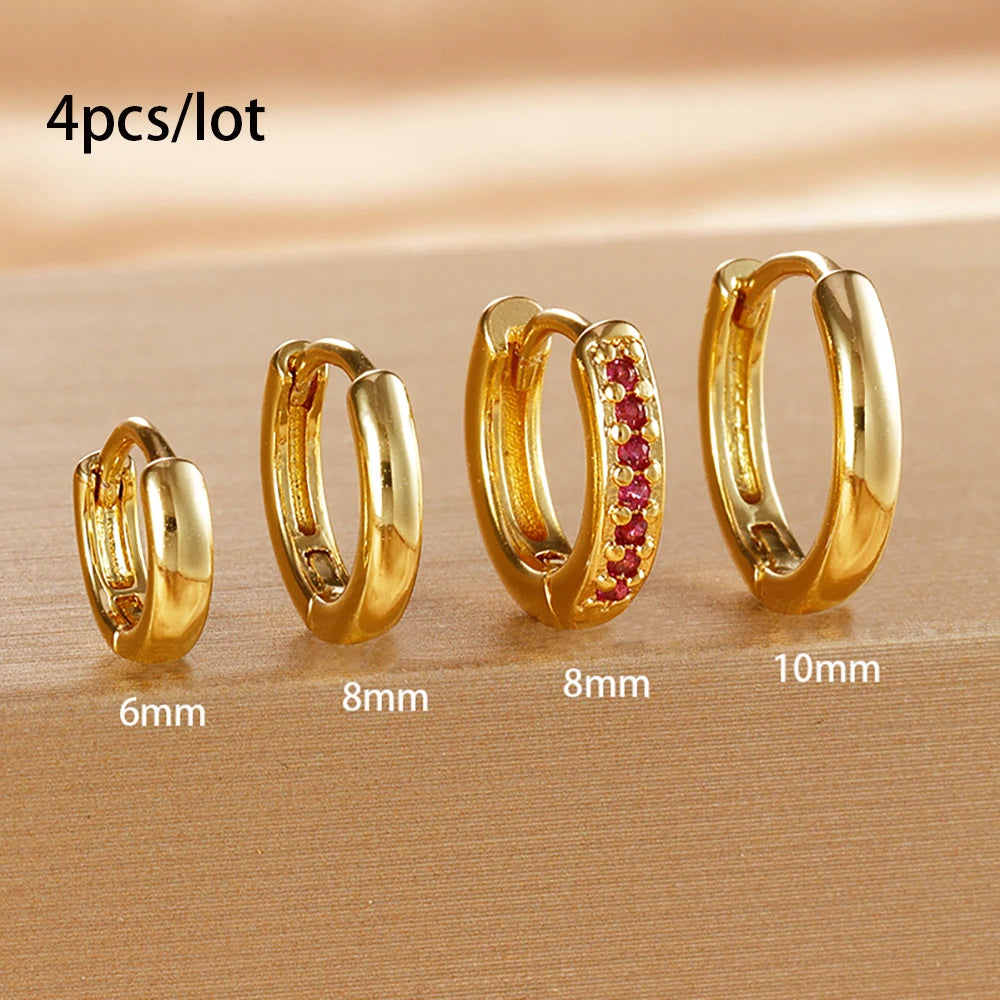 4Pcs Set Stainless Steel Huggie Minimal Hoop Earrings 6mm 8mm 10mm Crystal Zirconia Helix Tragus Cartilage Earrings
