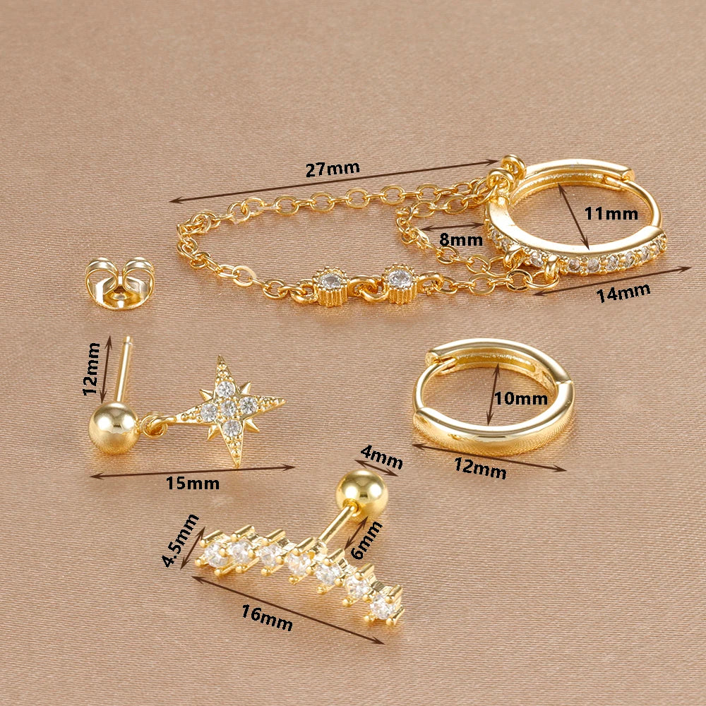 Four Piece Stainless Steel Crystal Zirconia Huggies Hoop Earrings Set for Women Star Chain Cartilage Piercing Jewelry
