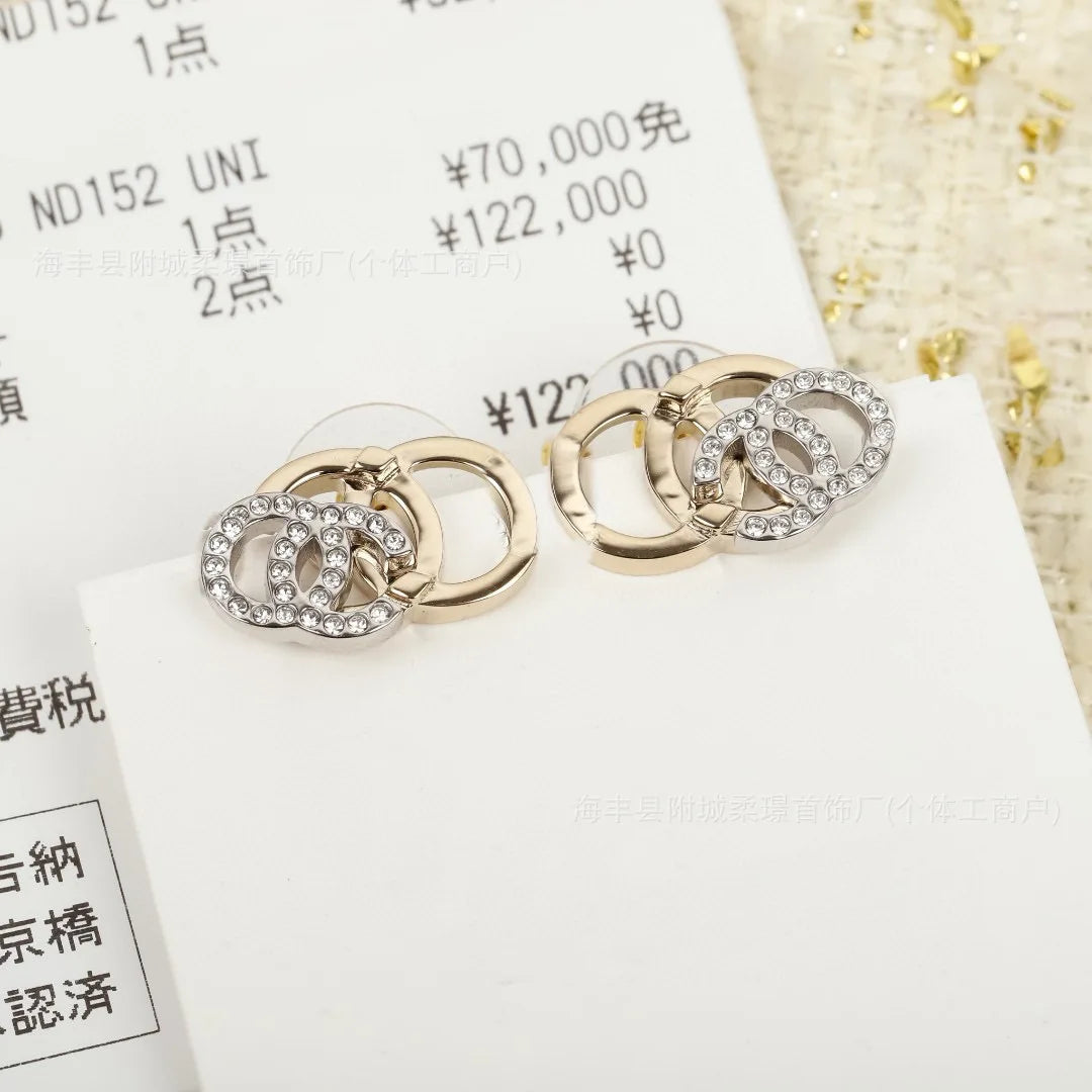 Small Sphere Shape Fashionable Round Ball with Square Diamond Letter Stud Earrings Gold-plated Material