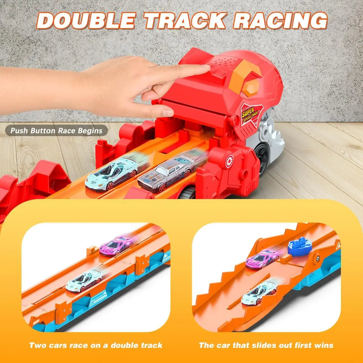 3 In 1 Dinosaur Transport Truck With 8 Race Cars And Ejecting Sound Portable Track For Kids Ages 3 And Up