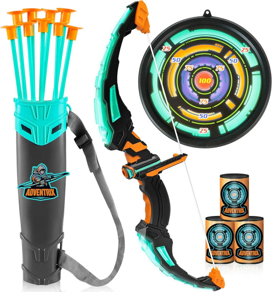 JOYFY Kids Bow and Arrow Set LED Light Up Archery Toy With 9 Suction Cup Arrows Target for Kid Ages 6-12 Outdoor Play Gift