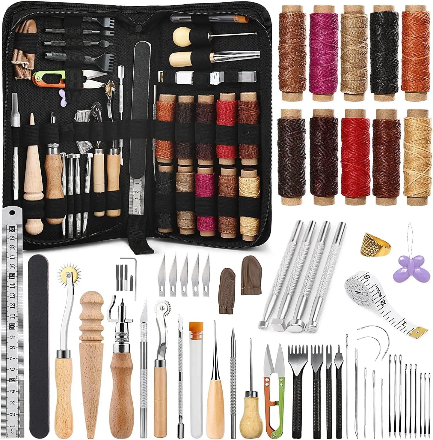 60 Piece Leather Craft Kit With Storage Bag Set Includes Sewing Tools Stamping And Punching Tools For DIY Projects