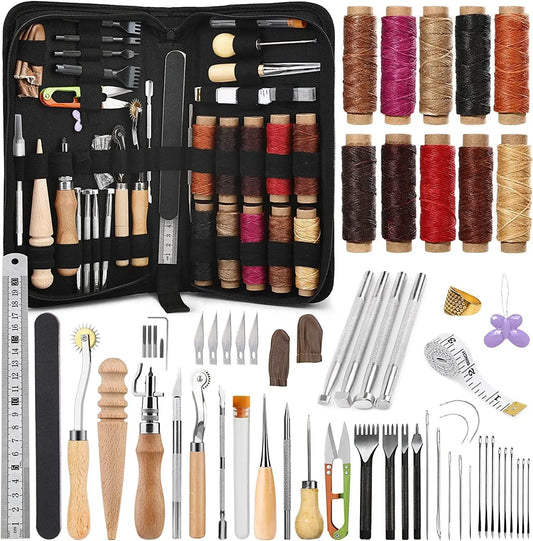 60 Piece Leather Craft Kit With Storage Bag Set Includes Sewing Tools Stamping And Punching Tools For DIY Projects