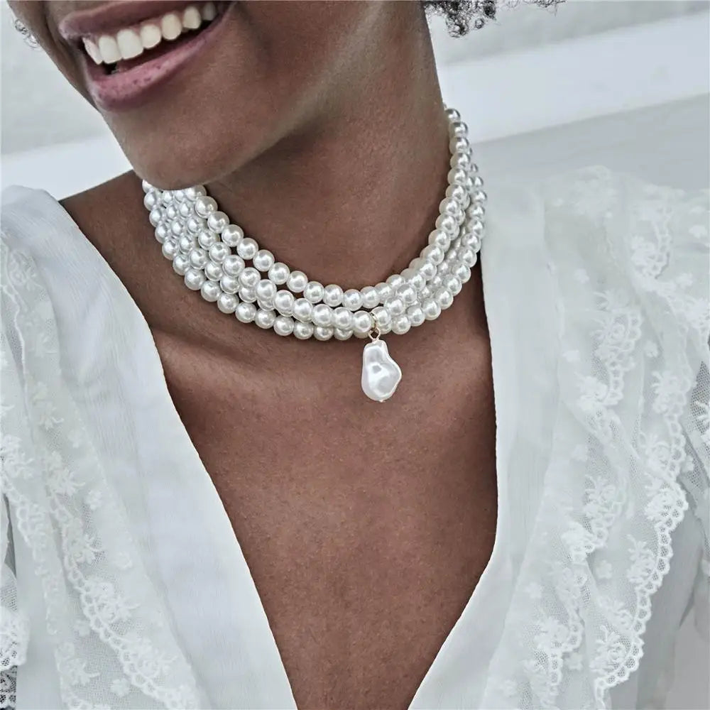 Ingemark Multilayer White Imitation Pearl Choker With Metal Slice Fixation Wide Bib Necklace Jewelry For Women