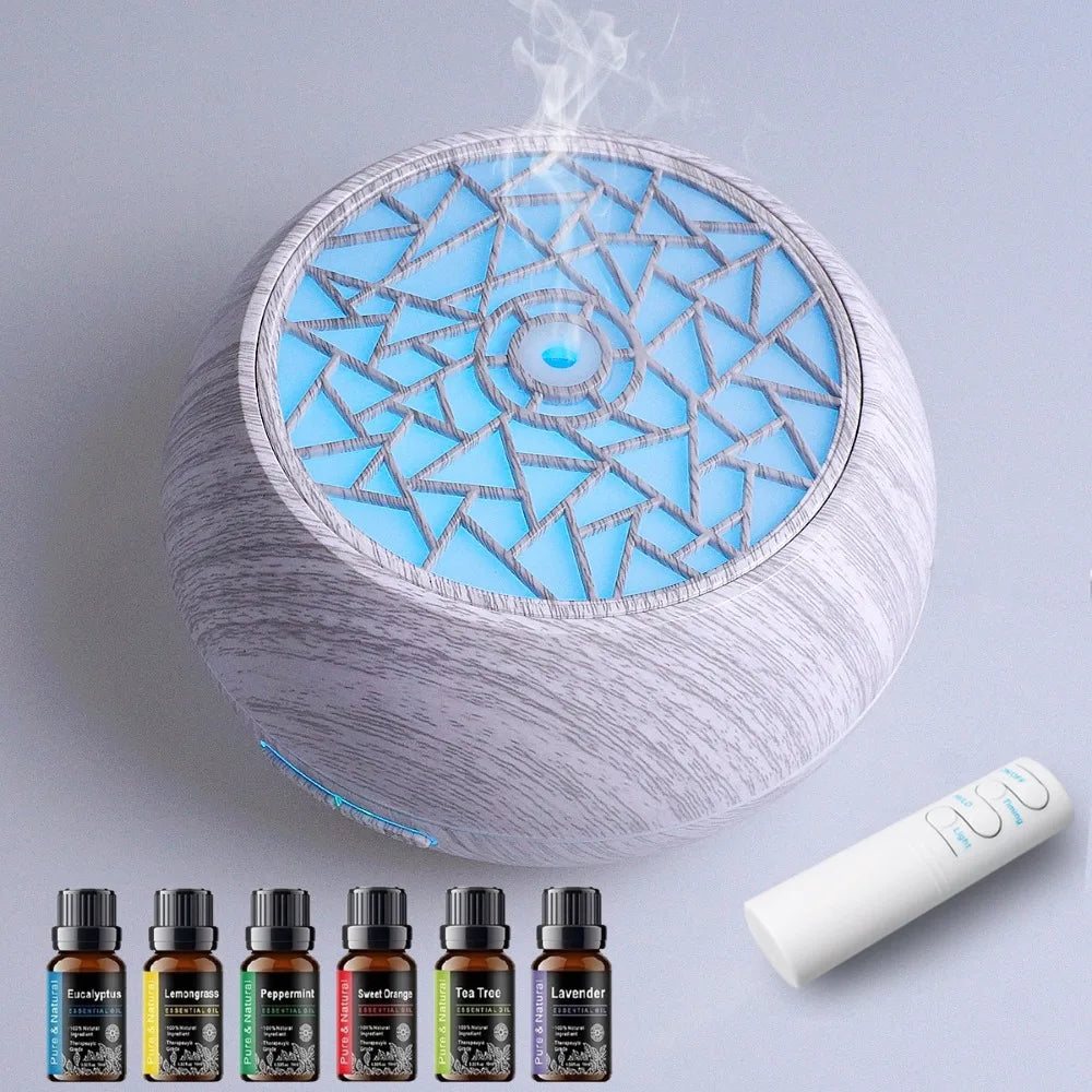 LED Light Ultrasonic Essential Oil Diffuser - With Remote Control & 6 Essential Oil Bottles, Quiet Cool Mist Humidifier