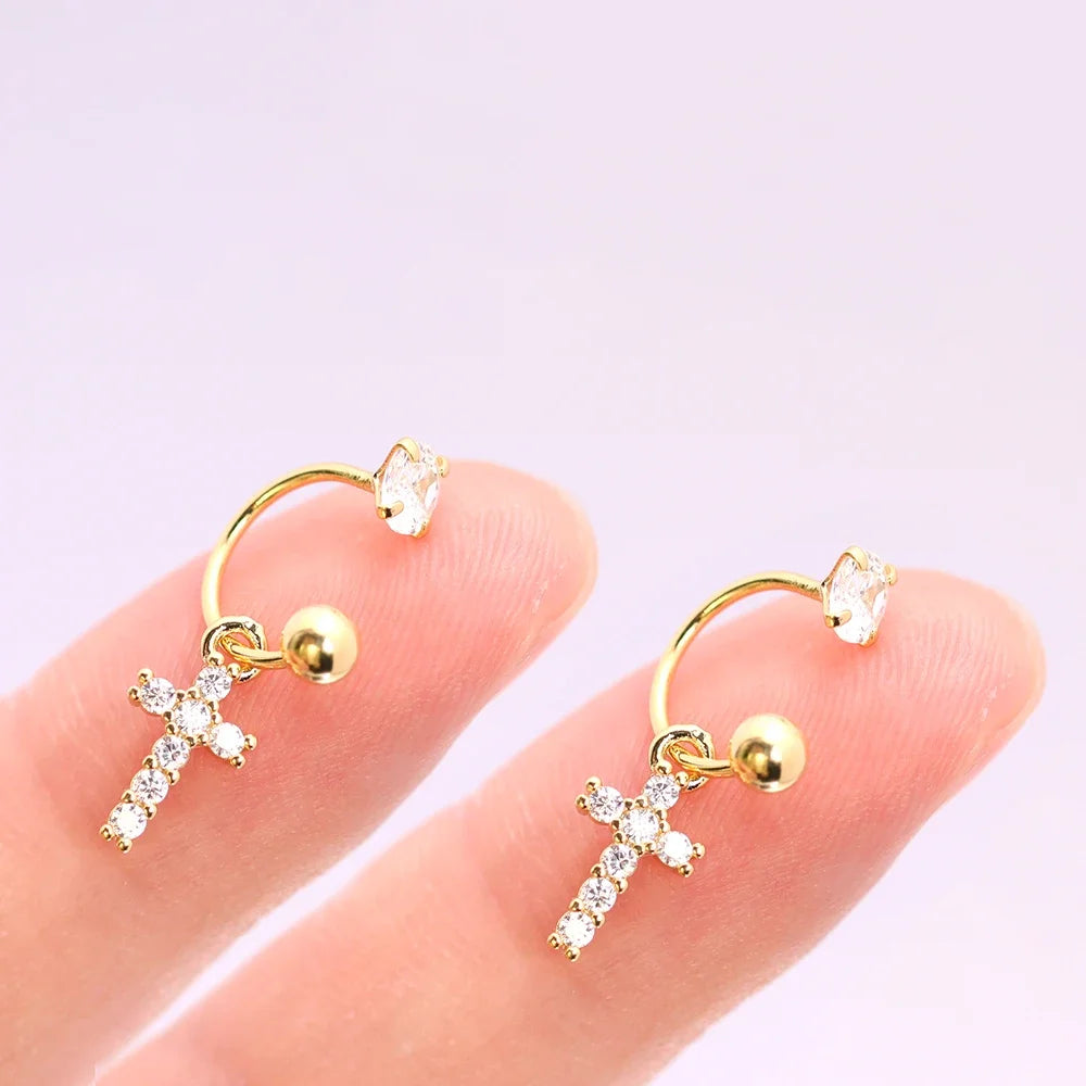 2PCS Stainless Steel Heart Cross Drop Earrings For Women Jewelry Set Helix Tragus Cartilage Daith Piercing