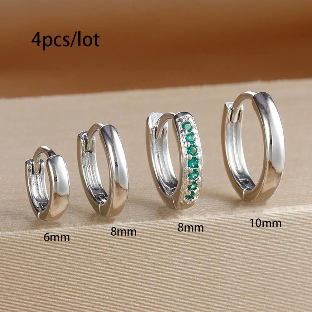 4Pcs Set Stainless Steel Huggie Minimal Hoop Earrings 6mm 8mm 10mm Crystal Zirconia Helix Tragus Cartilage Earrings