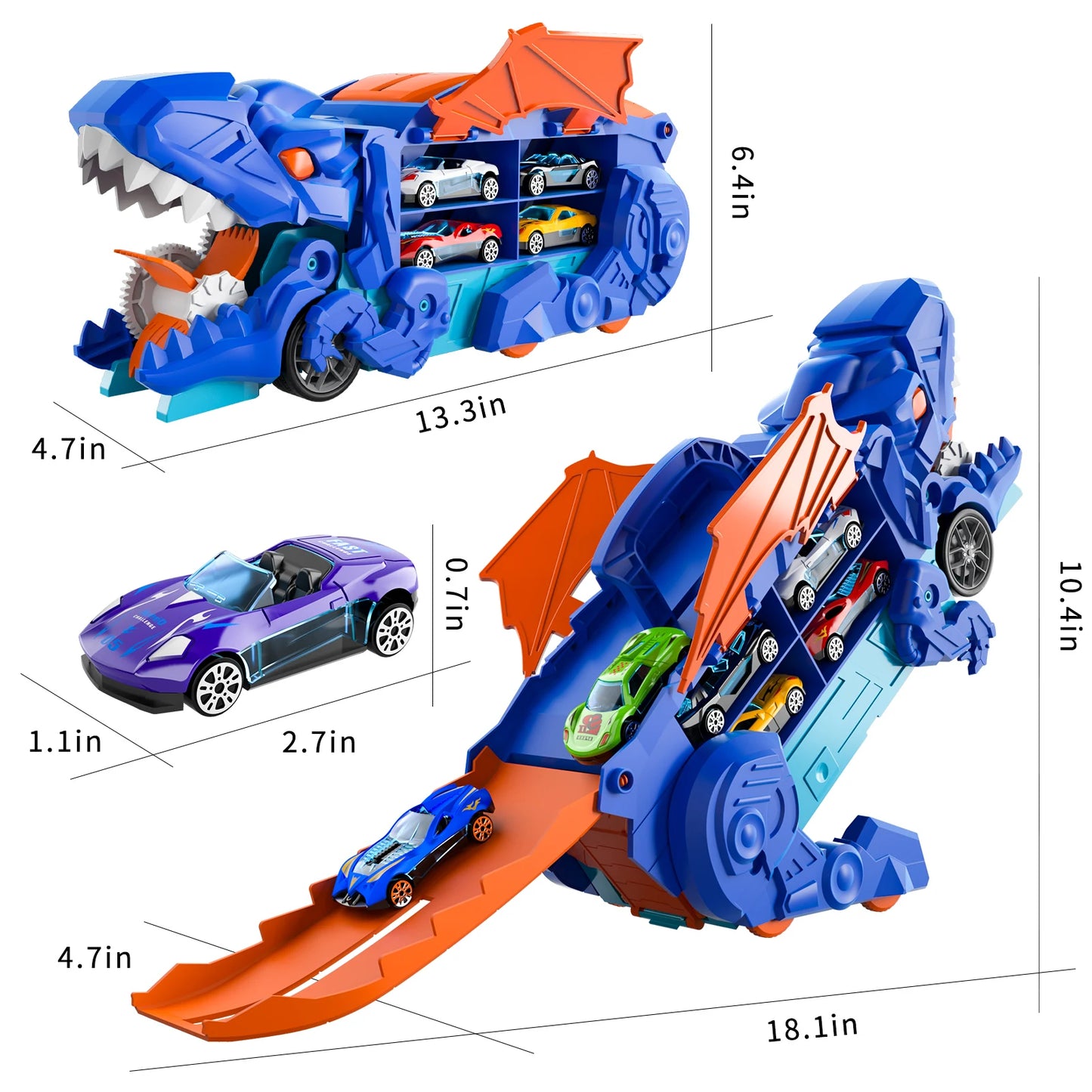 Dinosaur Truck Toys For Boys Blue Track Set With Devour Dinosaur Transporter And 10 Die Cast Cars That Transform Into Dinosaur