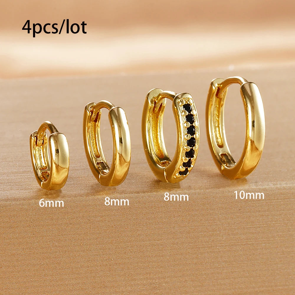 4Pcs Set Stainless Steel Huggie Minimal Hoop Earrings 6mm 8mm 10mm Crystal Zirconia Helix Tragus Cartilage Earrings