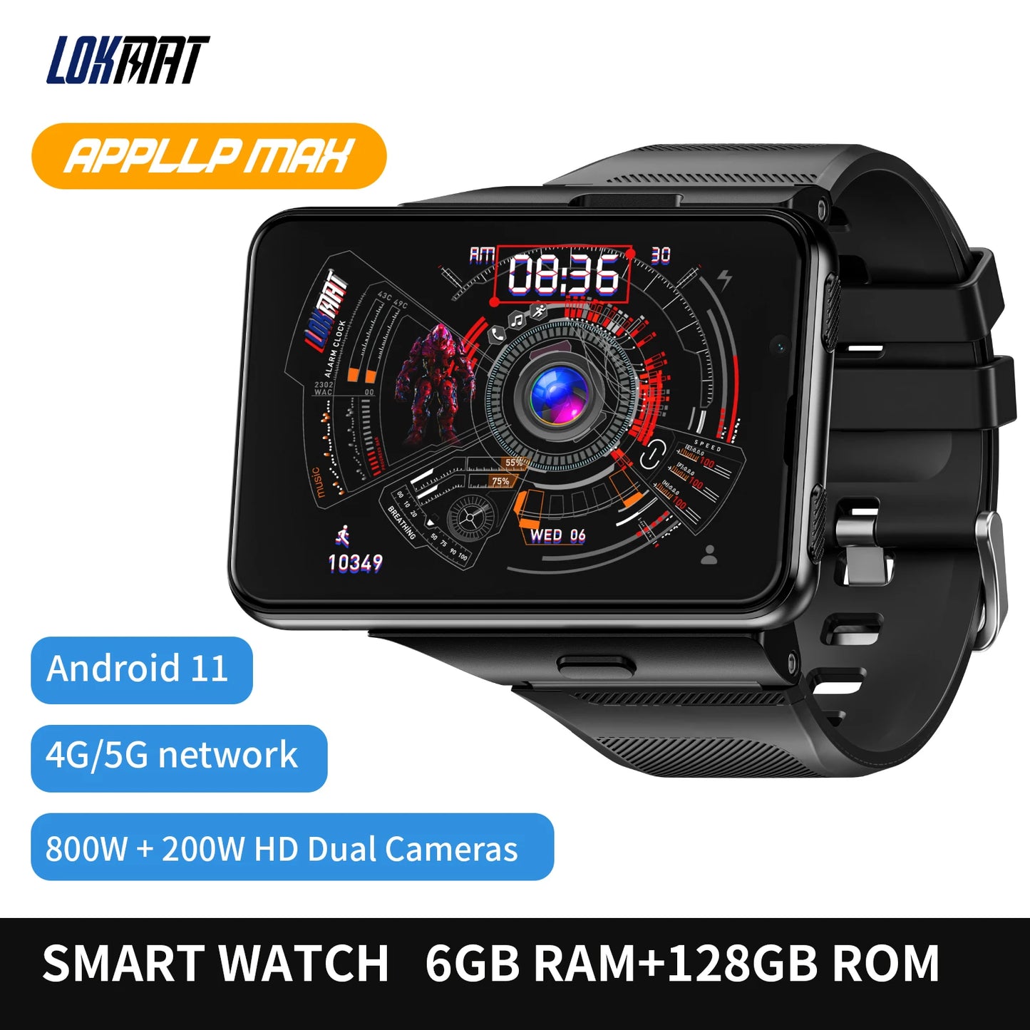 LOKMAT APPLLP MAX Detachable Strap Android Smart Watch Phone Wifi 4G Network Watch Dual Camera Video Calls Heart Rate Monitor