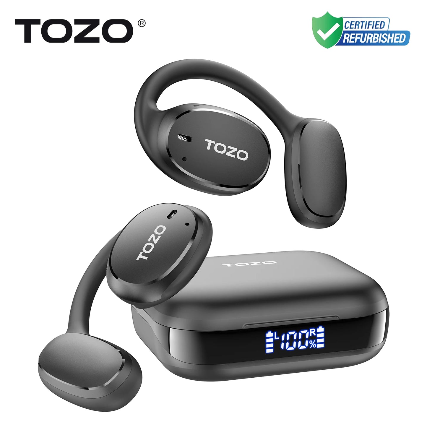 Refurbished TOZO OpenEgo Headsets Open Ear Headphone Bluetooth Dual Mic Clear Call Earphones with Earhooks IPX5 Water-resistant