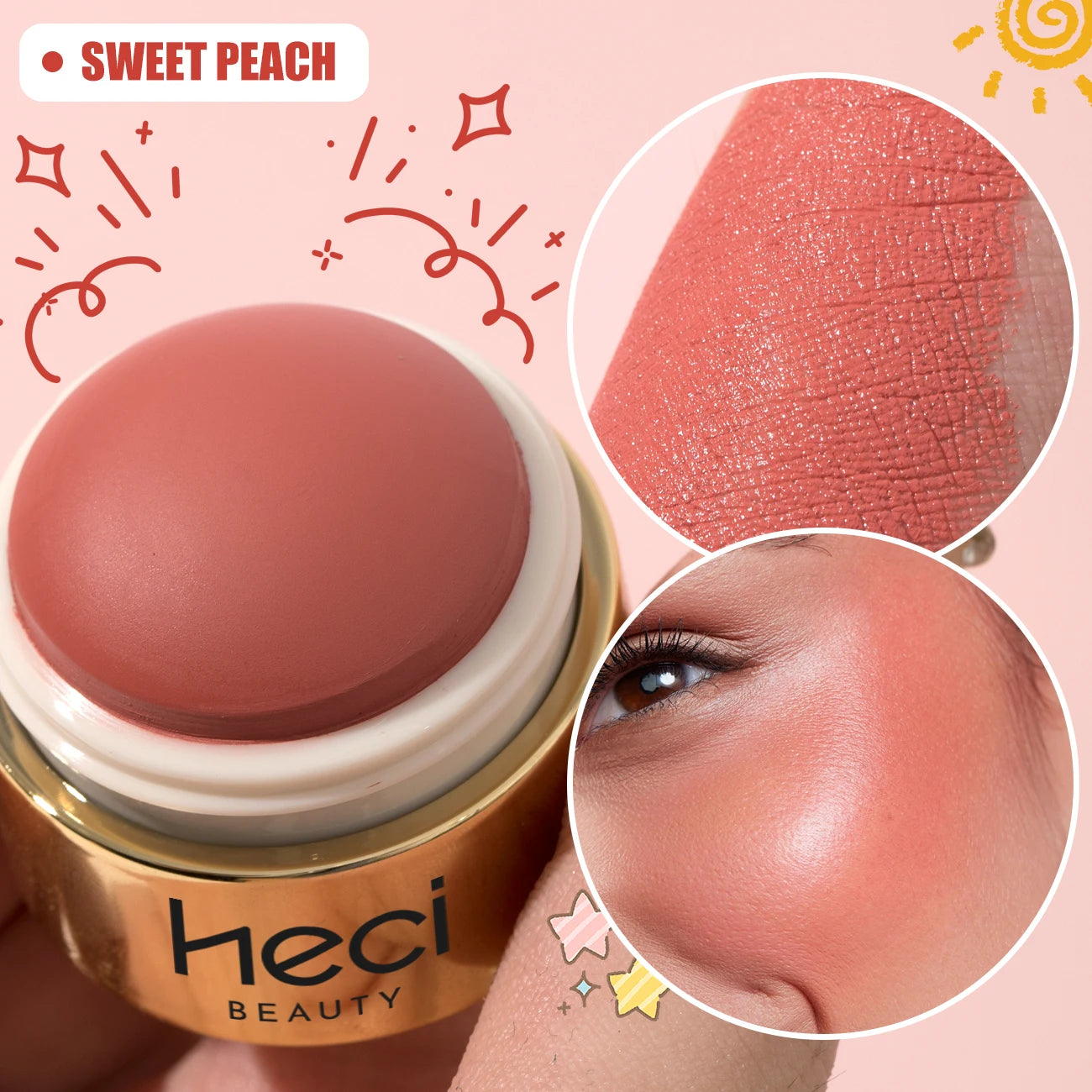 HECI Beauty Cream Blush Ball High Pigment Formula Semi Matte Finish Blendable Color Eyes Lips Cheeks Highlight Stick