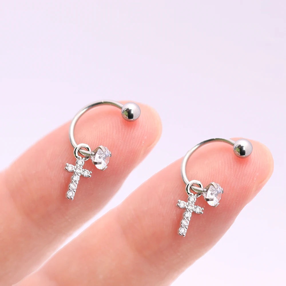 2PCS Stainless Steel Heart Cross Drop Earrings For Women Jewelry Set Helix Tragus Cartilage Daith Piercing