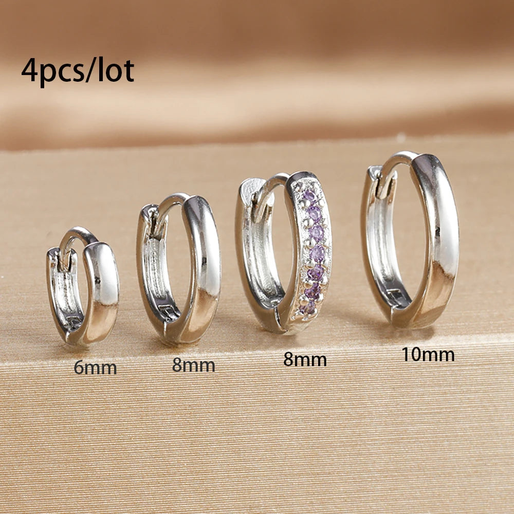 4Pcs Set Stainless Steel Huggie Minimal Hoop Earrings 6mm 8mm 10mm Crystal Zirconia Helix Tragus Cartilage Earrings