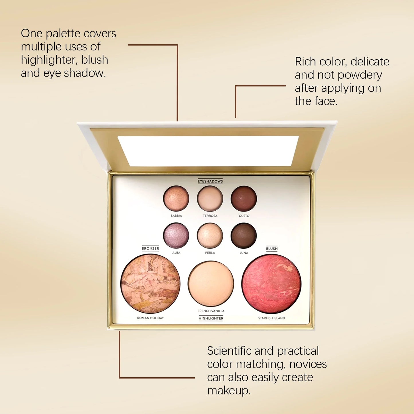 All In One Gilded Makeup Palette With Eyeshadows Blush Highlighter And Contour For Daily And Party US Skin Tones