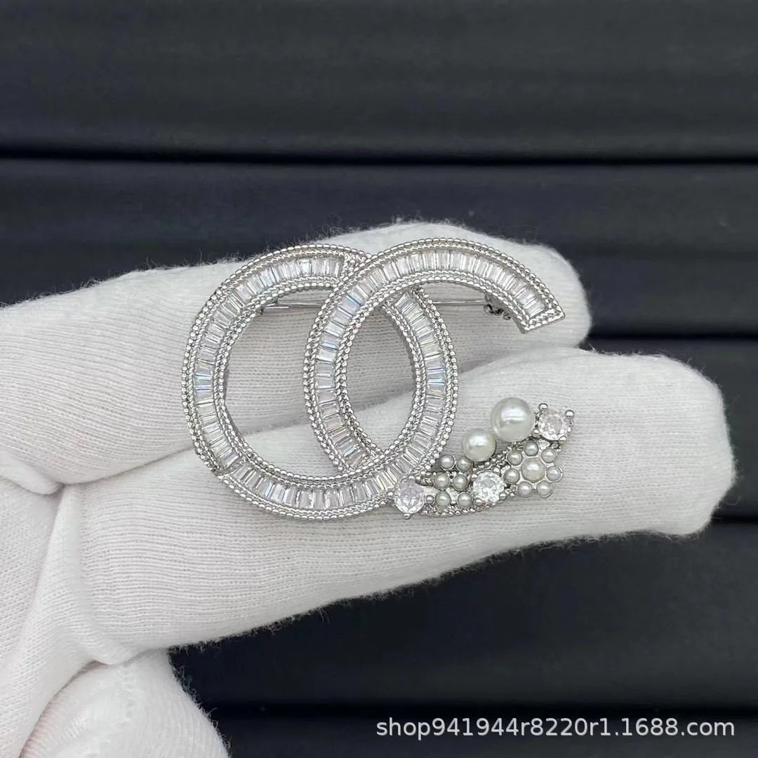 Diamond Encrusted Double Brooch With Pearl Accents Anti Light Pin Versatile Corsage For Men And Women
