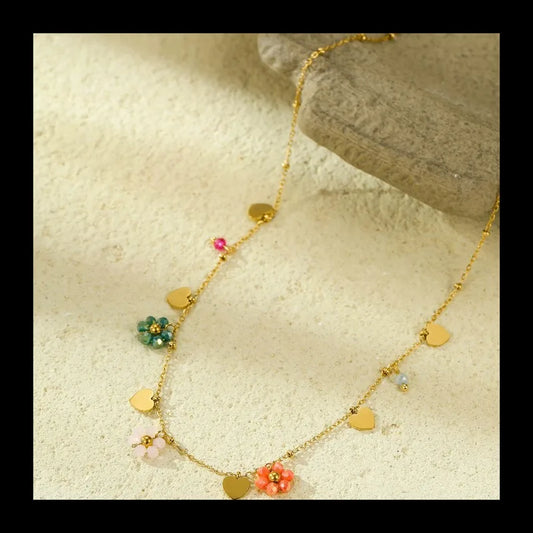 New Xiaoqing Fresh Air Stainless Steel Non-Fading Color Crystal Zircon Flower Love Pendant Necklace Necklace