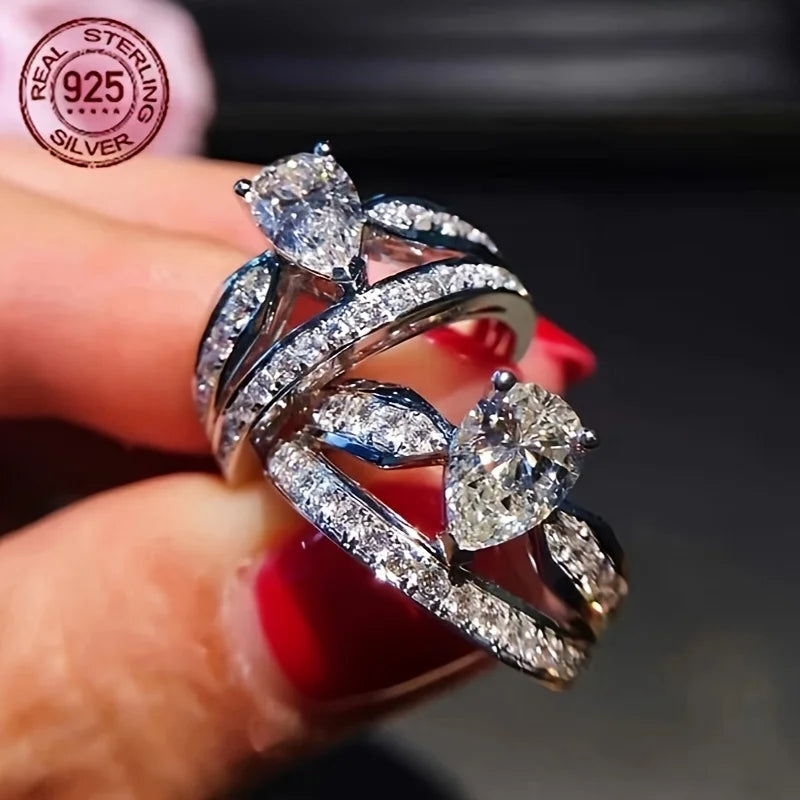 Elegant Double Layer 925 Sterling Silver Ring With Zirconia Water Drop Design White Gold Plated Wedding Band For Women