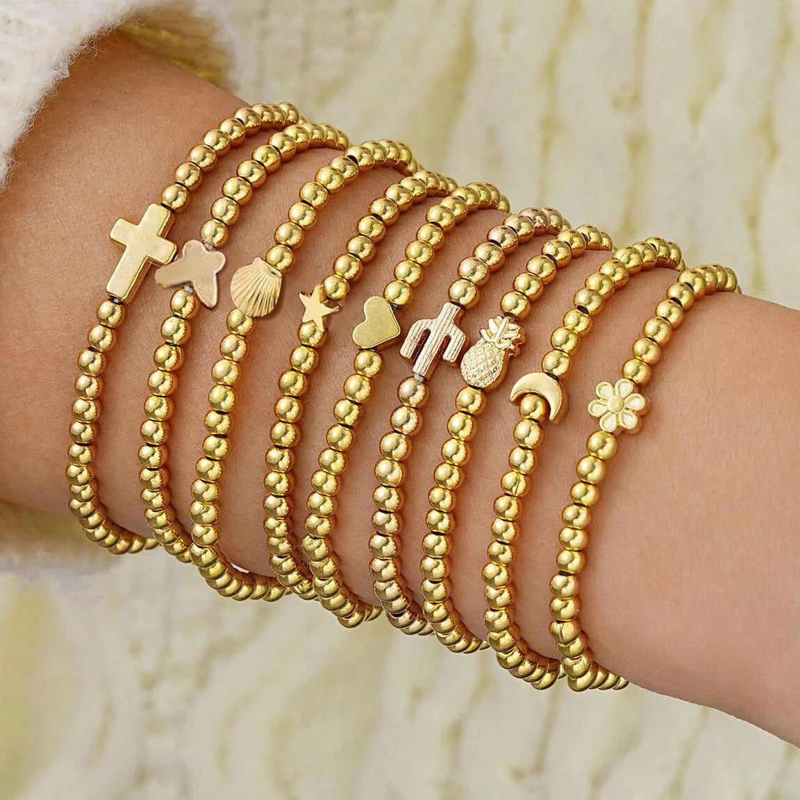 7Pcs Set Bohemian Heart Beads Bracelets For Women With Crystal Round Pendants Elastic Stretch Jewelry Gift