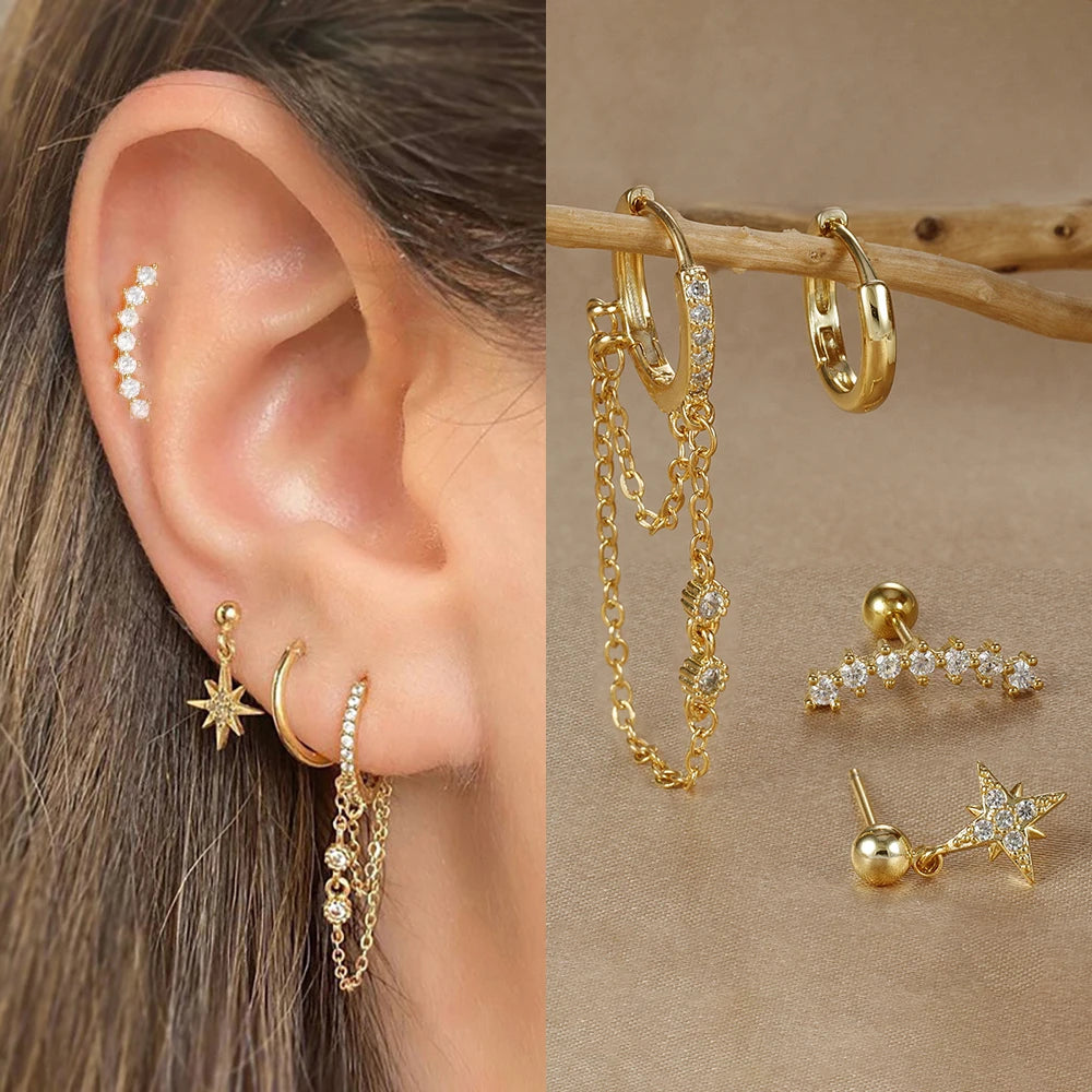 Four Piece Stainless Steel Crystal Zirconia Huggies Hoop Earrings Set for Women Star Chain Cartilage Piercing Jewelry