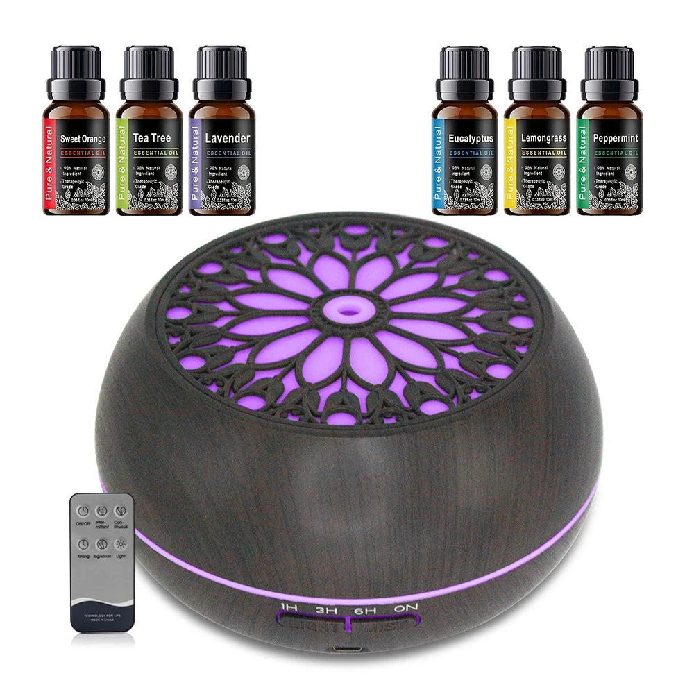 LED Light Ultrasonic Essential Oil Diffuser - With Remote Control & 6 Essential Oil Bottles, Quiet Cool Mist Humidifier