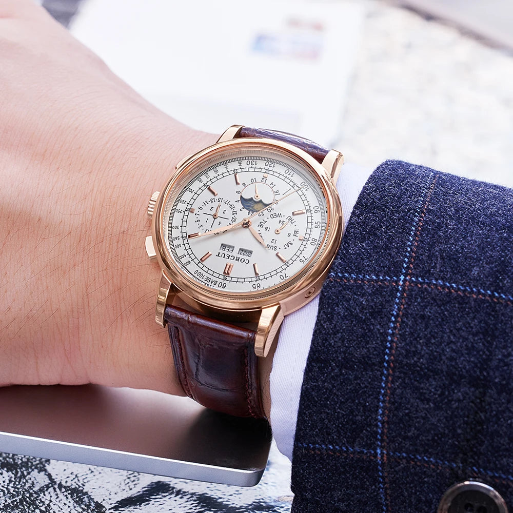 Corgeut 42mm Automatic Mens Watch Rose Gold Case Moon Phase Full Calendar Week Display Leather Strap Stainless Steel