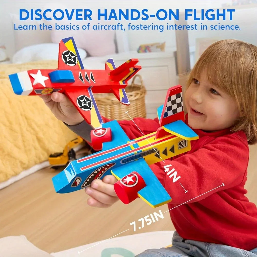 JOYFY 4Pcs DIY Wooden Aircrafts-Build & Paint Your Own Wooden Airplane Craft Kit Easy to Assemble  for Boys 6-12 Birthday Gifts