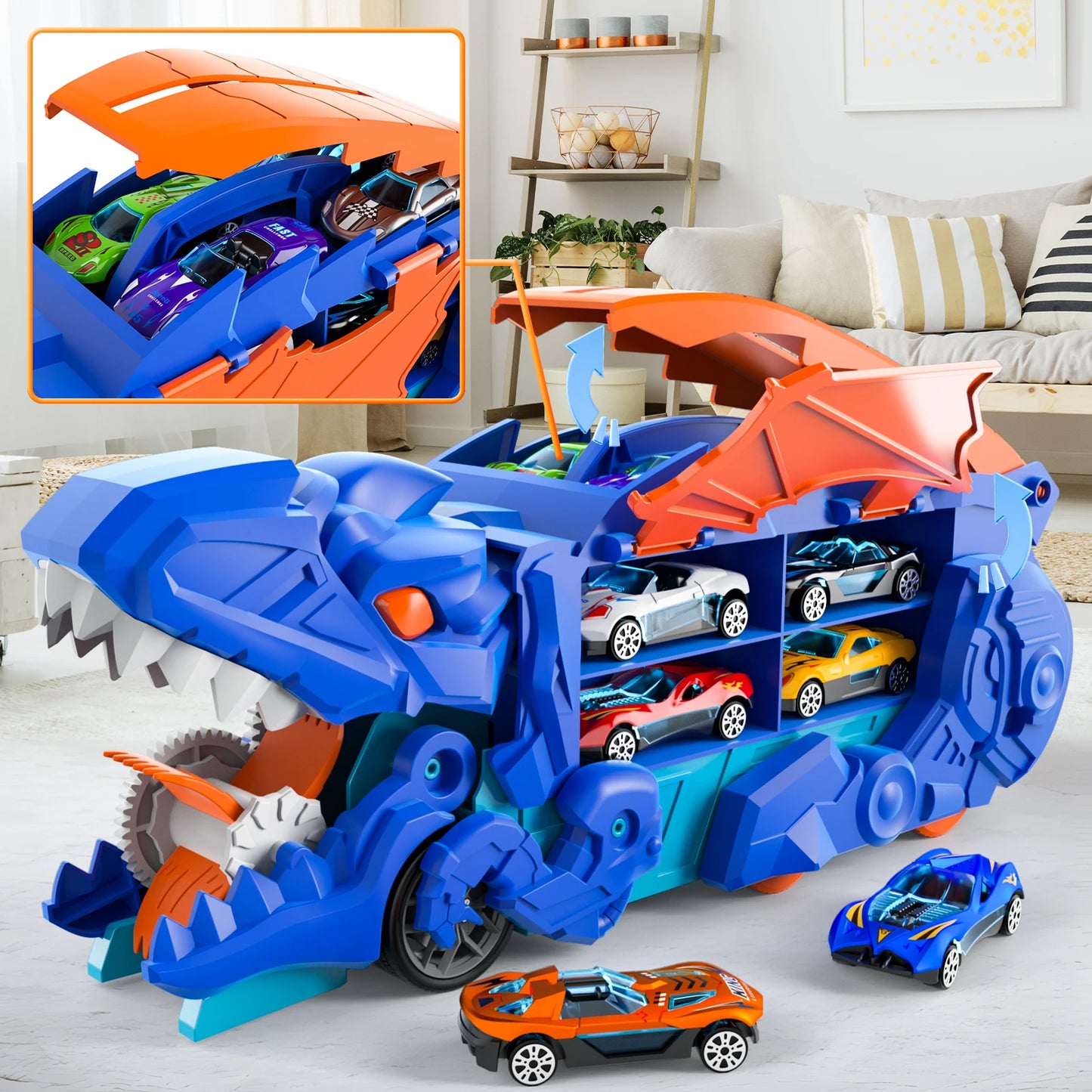 Dinosaur Truck Toys For Boys Blue Track Set With Devour Dinosaur Transporter And 10 Die Cast Cars That Transform Into Dinosaur
