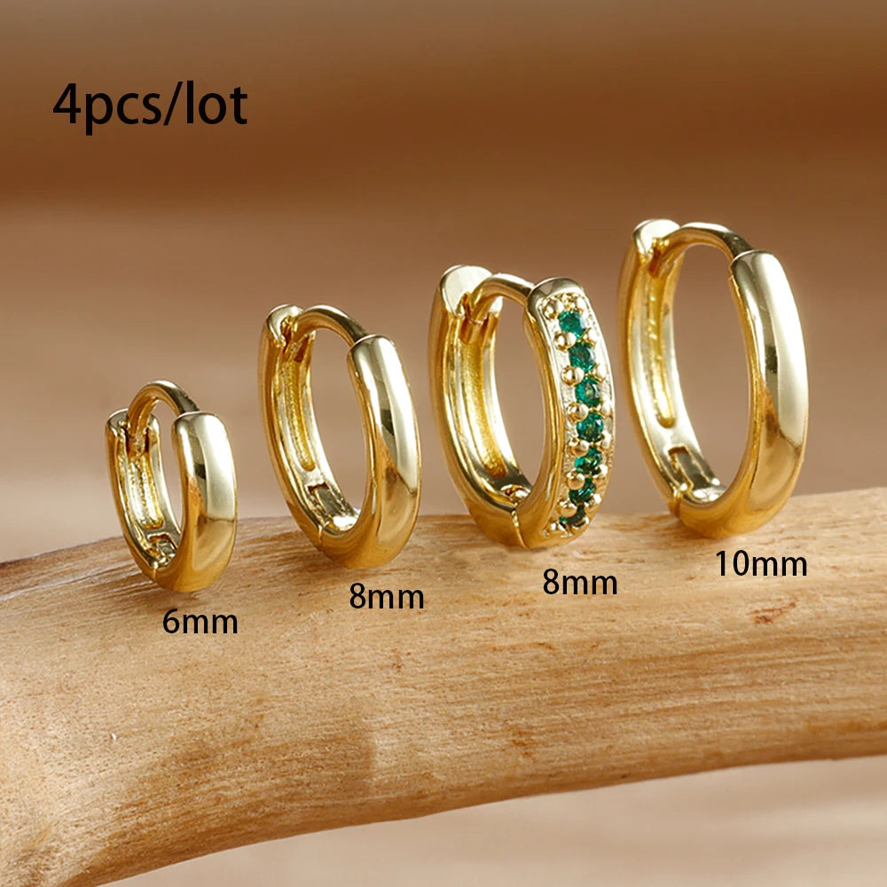 4Pcs Set Stainless Steel Huggie Minimal Hoop Earrings 6mm 8mm 10mm Crystal Zirconia Helix Tragus Cartilage Earrings