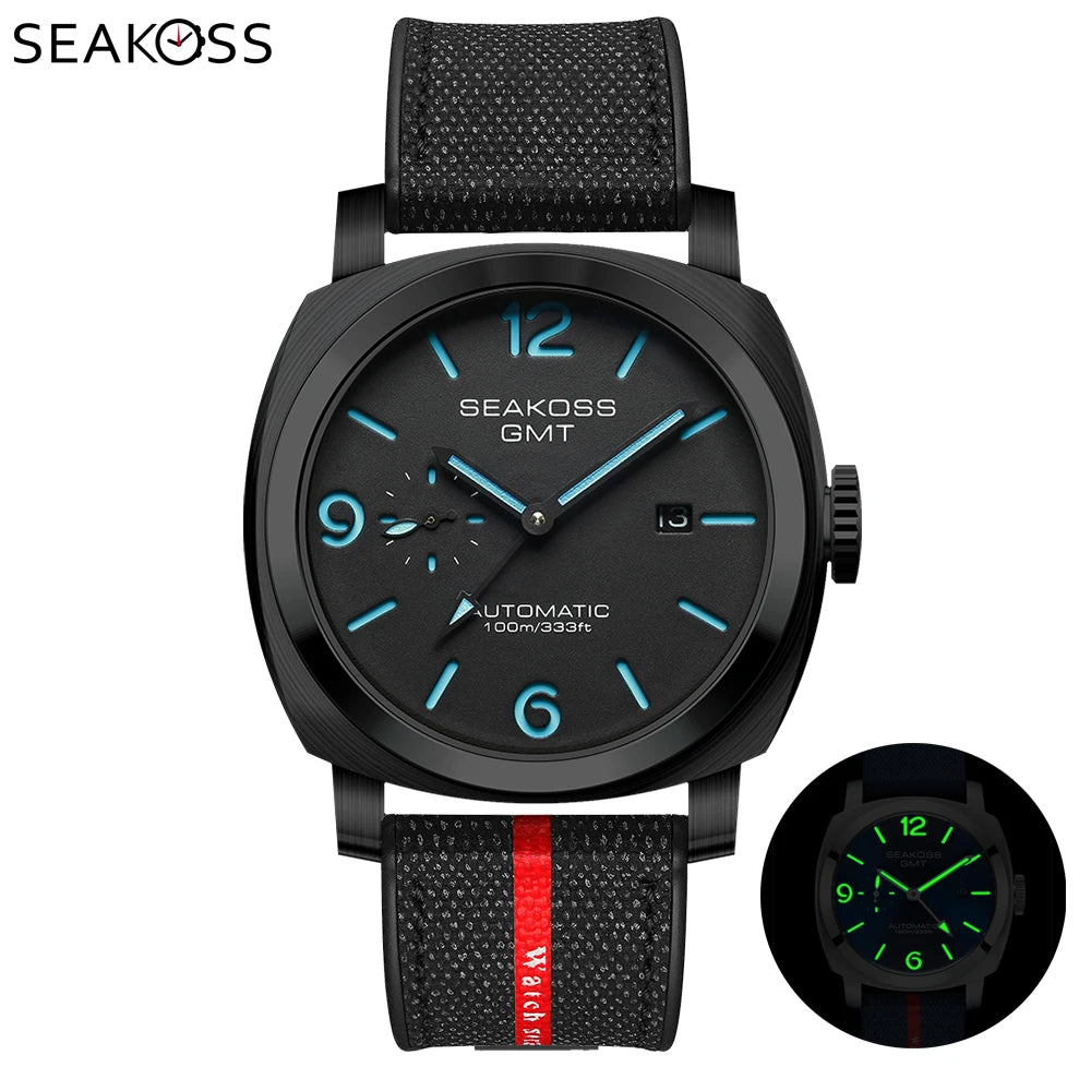 SEAKOSS Men GMT Automatic Mechanical Watches Super Luminous Calendar Original Seagull ST2557 Movement Nylon Rubber Wristwatches