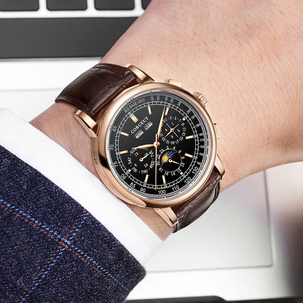 Corgeut 42mm Automatic Mens Watch Rose Gold Case Moon Phase Full Calendar Week Display Leather Strap Stainless Steel