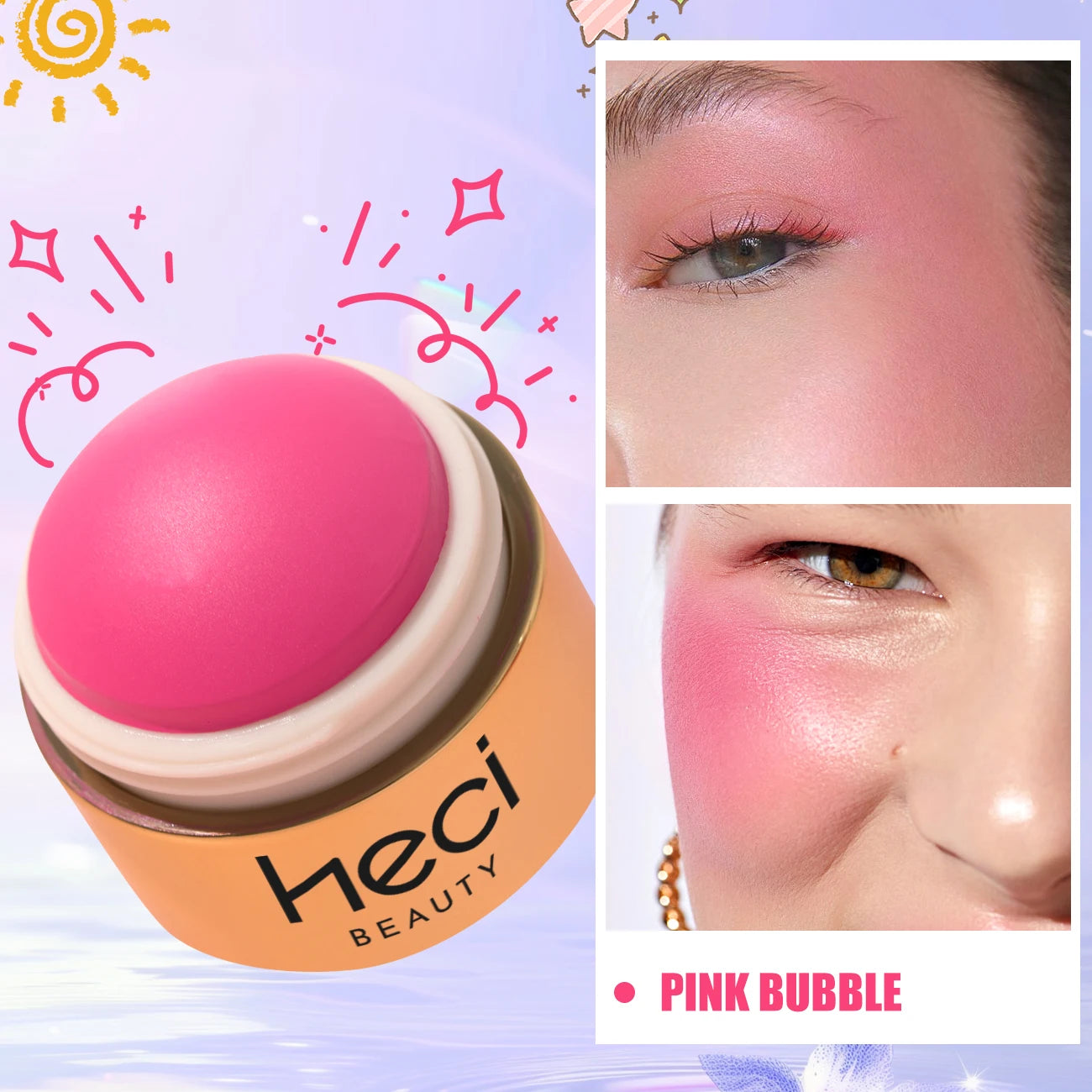 HECI Beauty Cream Blush Ball High Pigment Formula Semi Matte Finish Blendable Color Eyes Lips Cheeks Highlight Stick