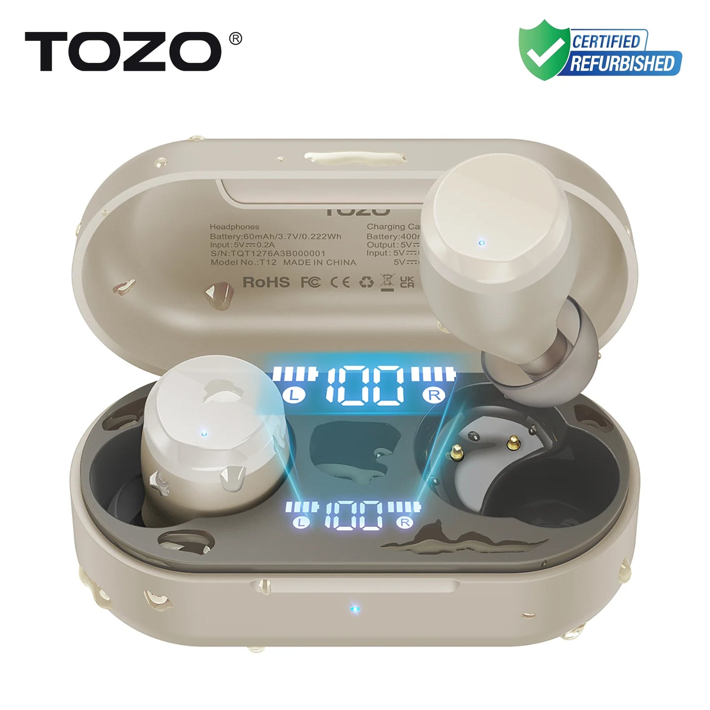 Refurbished TOZO Tonal Dots Headsets TWS In Ear Sport Earbuds Built-in LED Display ENC Calls Clear Touch Control Sound Stereo