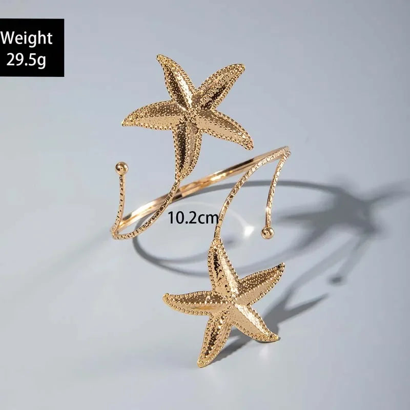 Fashion Metal Starfish Cuff Bracelet For Women Gold Color Geometric Punk Style Open Adjustable Arm Jewelry