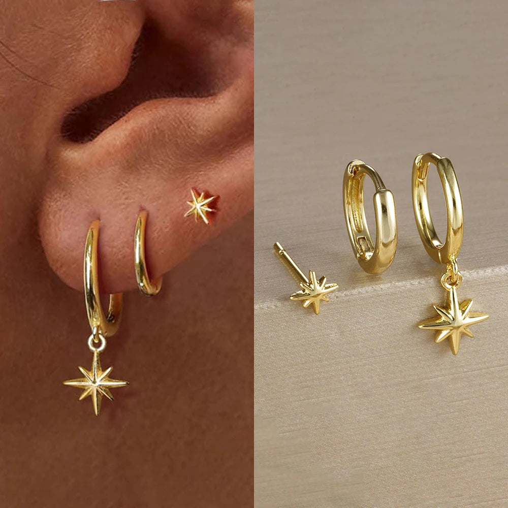 3 Piece Gold Color Star Earrings Set For Women Zircon Pendant Stainless Steel Hoop Earrings Jewelry Wedding