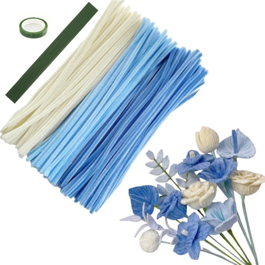 Blue And White Pipe Cleaner Flower Set DIY Craft Kit With 150 Or 161 Pieces For Mothers Day Graduation Valentines Day