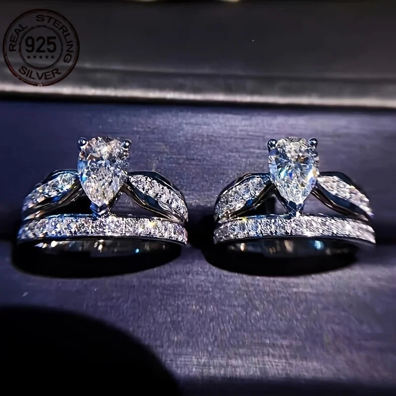 Elegant Double Layer 925 Sterling Silver Ring With Zirconia Water Drop Design White Gold Plated Wedding Band For Women