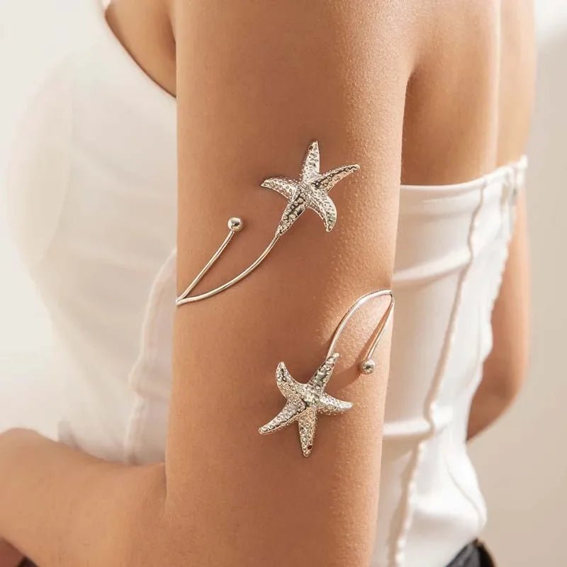 Fashion Metal Starfish Cuff Bracelet For Women Gold Color Geometric Punk Style Open Adjustable Arm Jewelry