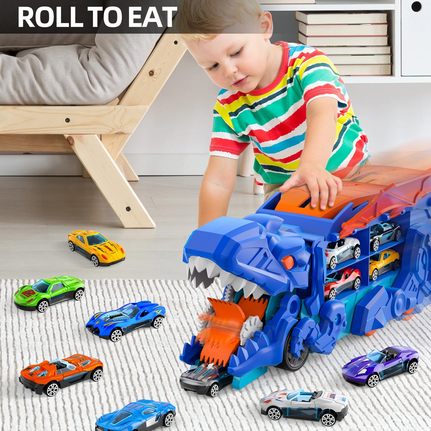 Dinosaur Truck Toys For Boys Blue Track Set With Devour Dinosaur Transporter And 10 Die Cast Cars That Transform Into Dinosaur