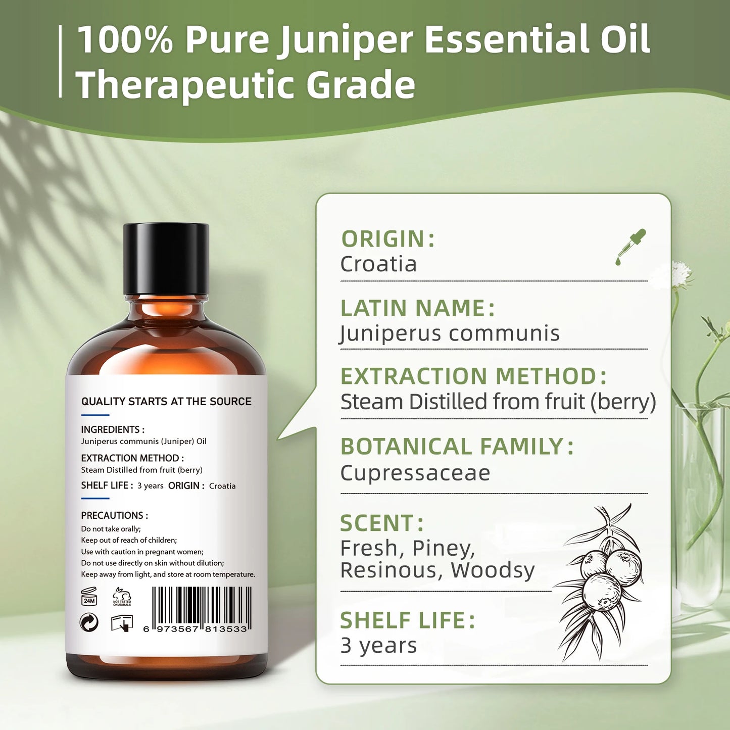 HIQILI 100ML Juniper Berry Essential Oils,100% Pure Nature for Aromatherapy, Diffuser, Humidifier, Massage, Rouse, Relexation